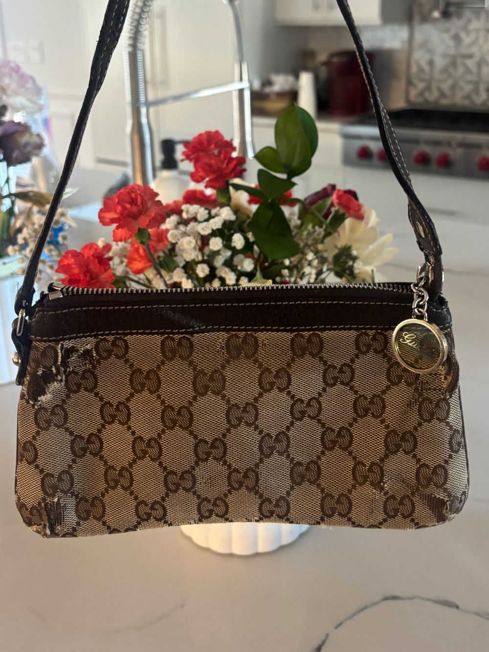 Gucci Beige Brown Monogram wristlet with Leather Strap